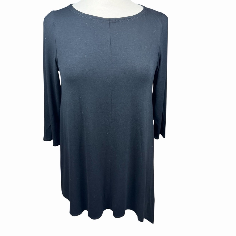 Eileen Fisher Black Shift Dress Asymmetrical Hem Sz Medium Crew Neck Center Seam